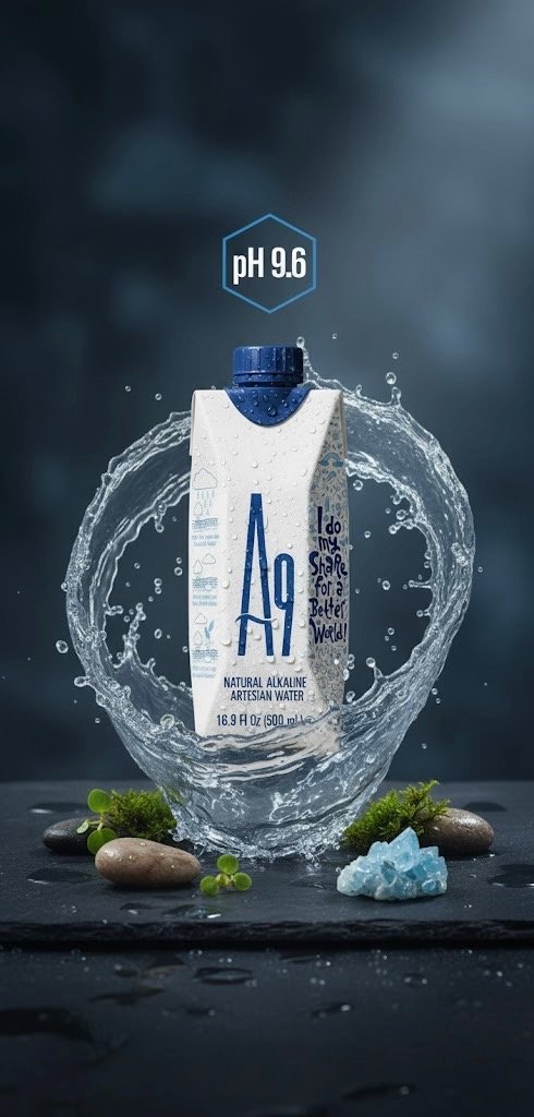 A9 alkaline water carton in a crown of splashing water