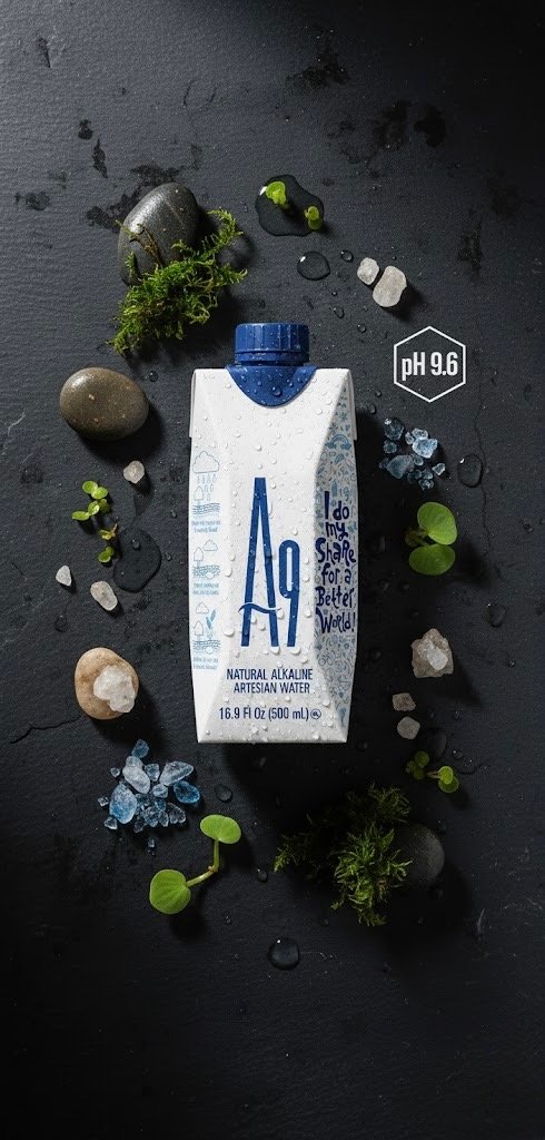 A9 carton surrounded by dark stones and bright botanicals